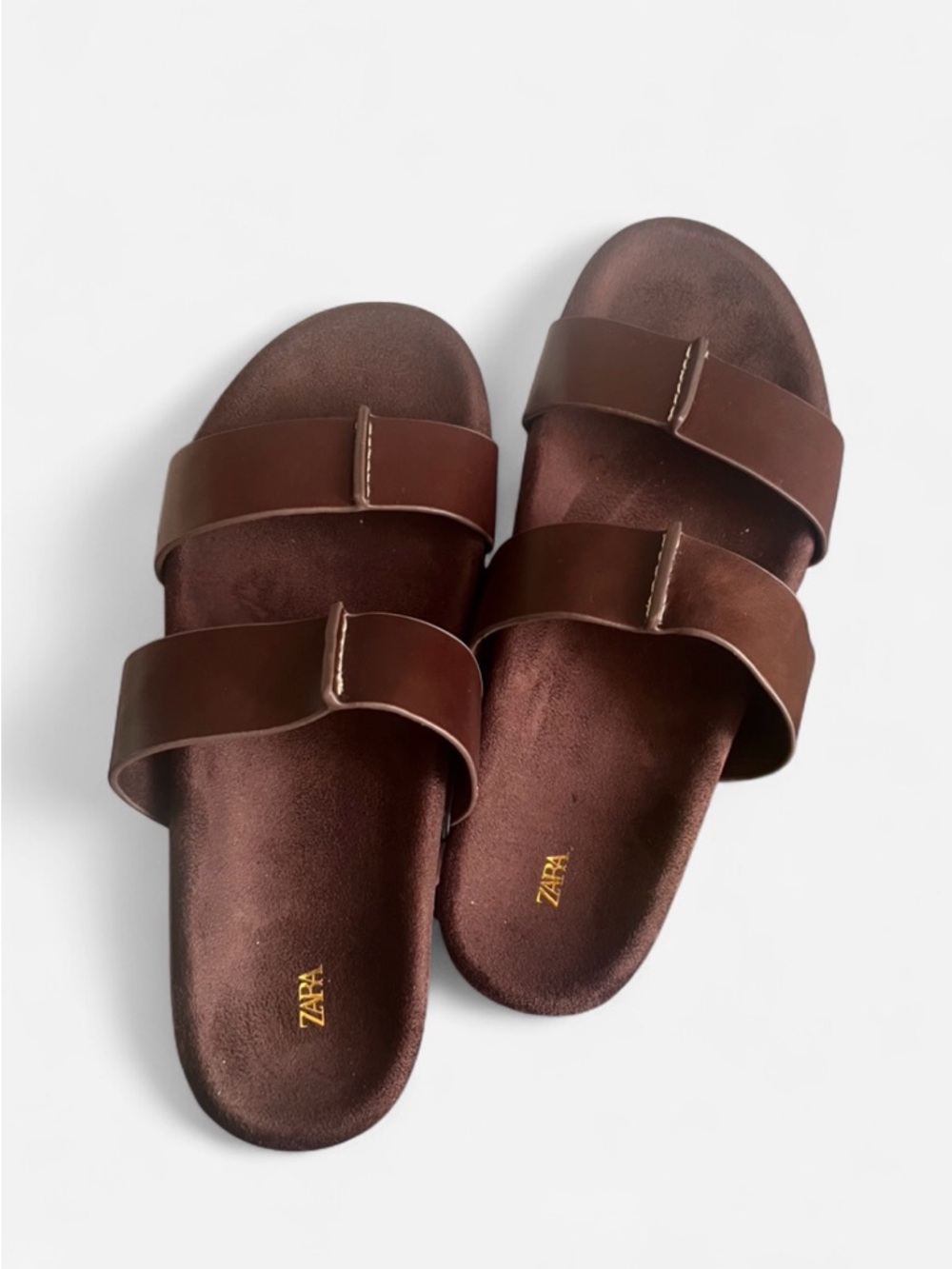 Zara Woman Chocolate Brown Double-Strap Leather Slide Sandals